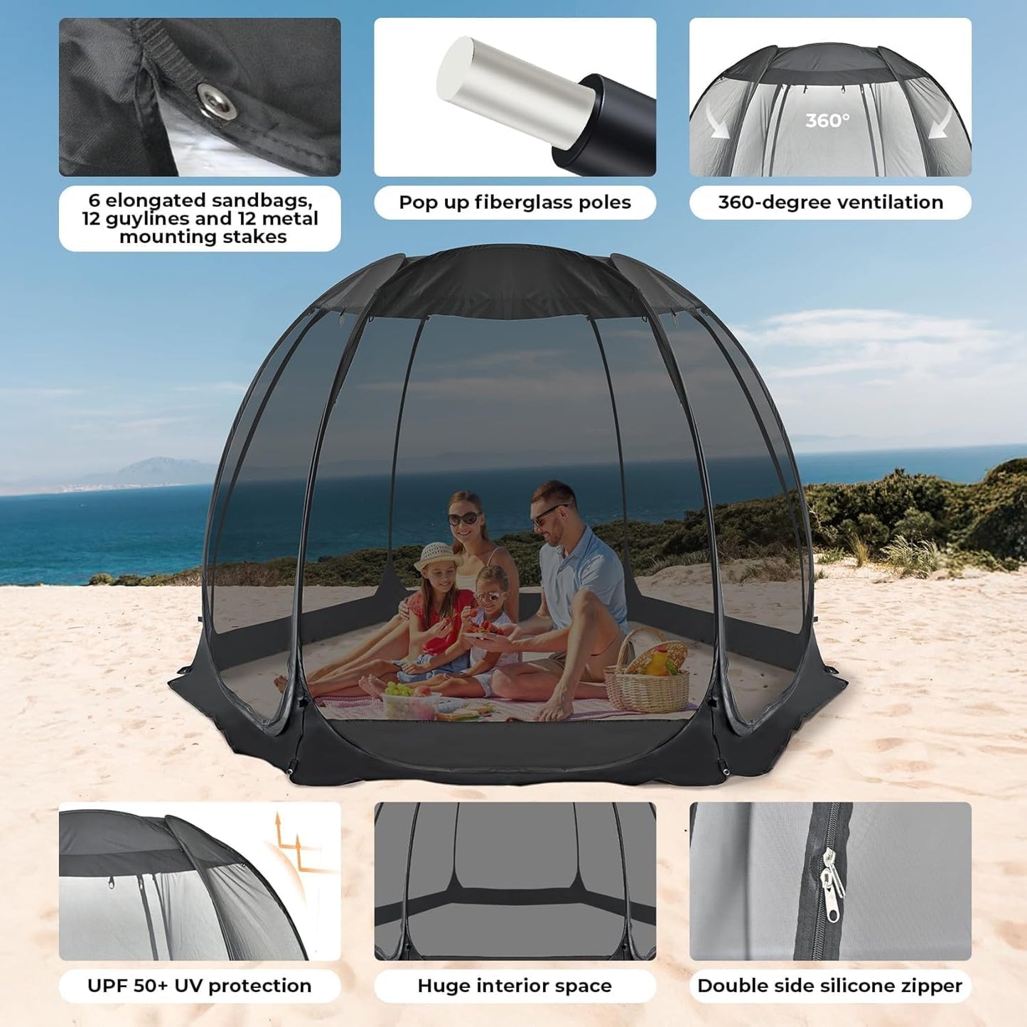 Alvantor Screen House Gazebo, 6-10-15 Person Pop Up Igloo Screened Canopy Tent with Mosquito Netting Sides, Instant UV Resistant Sun Shelter for Garden, Patio, Backyard
