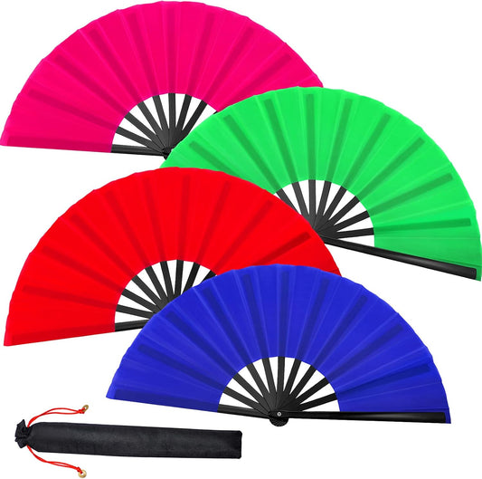 Blulu 4 Pcs 13 Inch Large Folding Hand Fans Bulk Clapping Popping Rave Fans for Kids Women Men for Dancing Boots on The Ground Festival Party Decoration(Classic Style, Blue, Rose Red, Green, Red)