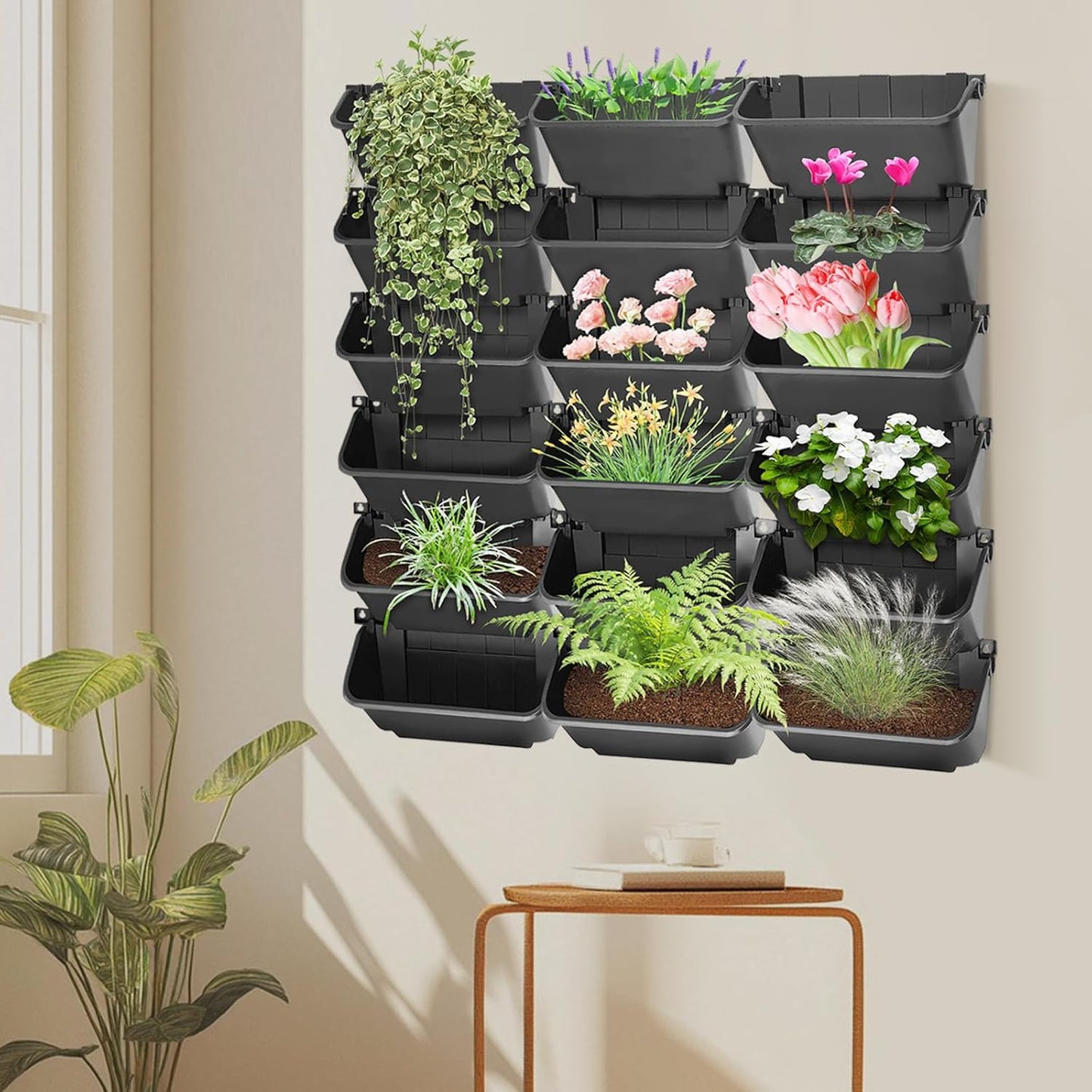 18-Pot Vertical Wall Planter, Self-Watering Stackable Planters for Indoor & Outdoor Use, Perfect for Herbs, Flowers & Vegetables (18, Green)