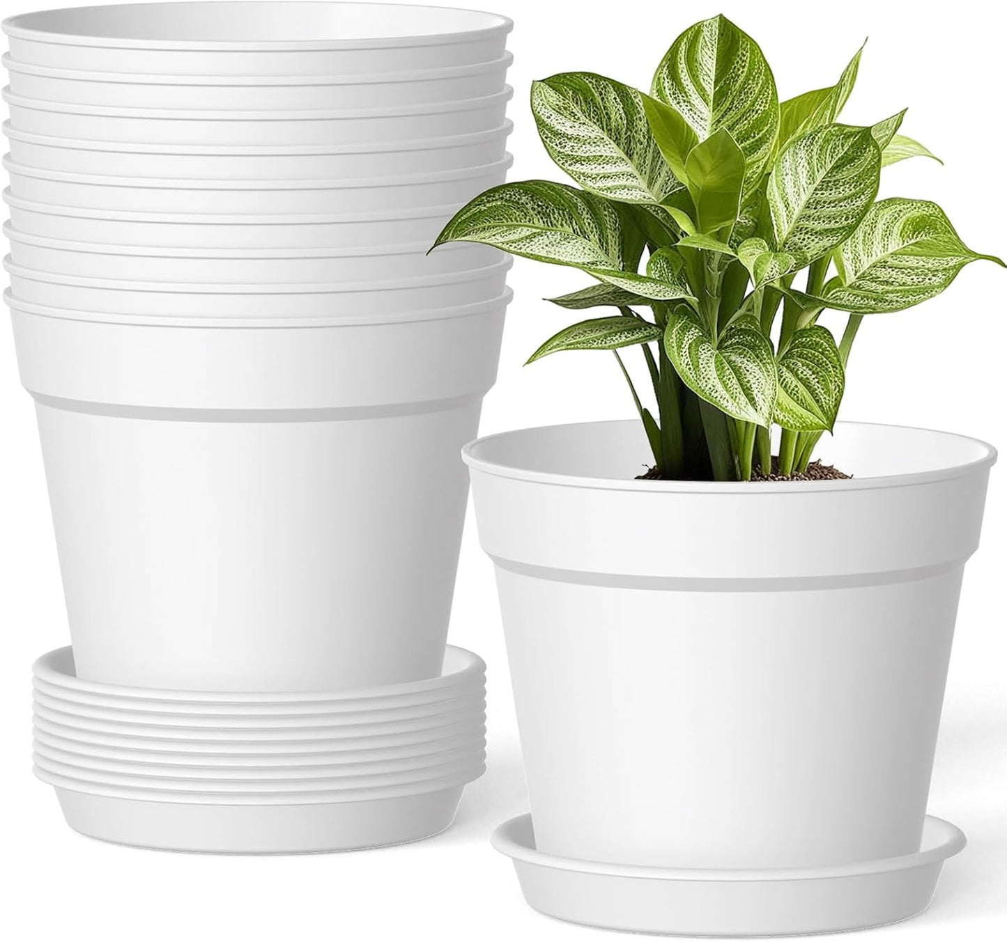 10 Pack 6 Inch Plant Pots with Drainage and Saucers, White Plastic Flower Pots for Indoor and Outdoor Plants, Stackable Nursery Planters for Houseplants and Herbs, White