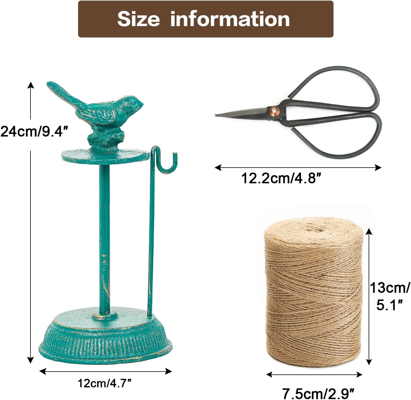 Sungmor Cast Iron Garden Twine Holder Set - 1300ft. Natural Jute Twine String & Rope Rack & Scissors - Decorative & Practical Home Arts Crafts Tools for Picture Display Gift Wrapping Packing Gardening