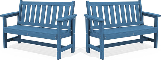 SERWALL HDPE Outdoor Benches Weatherproof, 2-Person Garden Bench with 660 lbs Weight Capacity, Patio Benches for Outdoors, Garden, Porch, Park, Navy, 2 Pack
