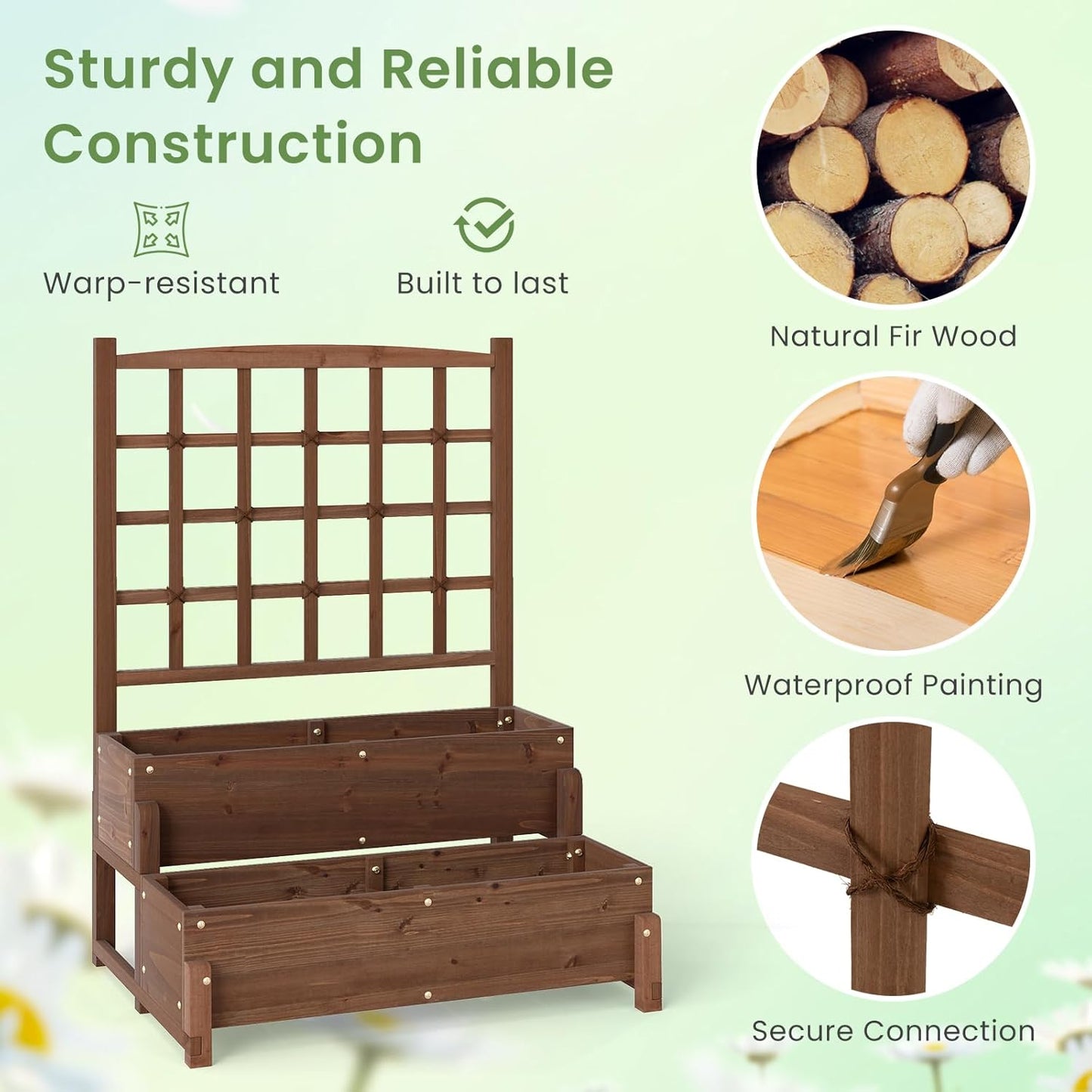 HAPPYGRILL Raised Garden Bed with Trellis, Drainage Holes, 2-Tier Wooden Elevated Planter Box w/Legs for Climbing Plants Vine Flower Herb Vegetable Fruit, Outdoor Garden Box for Patio Balcony (2)