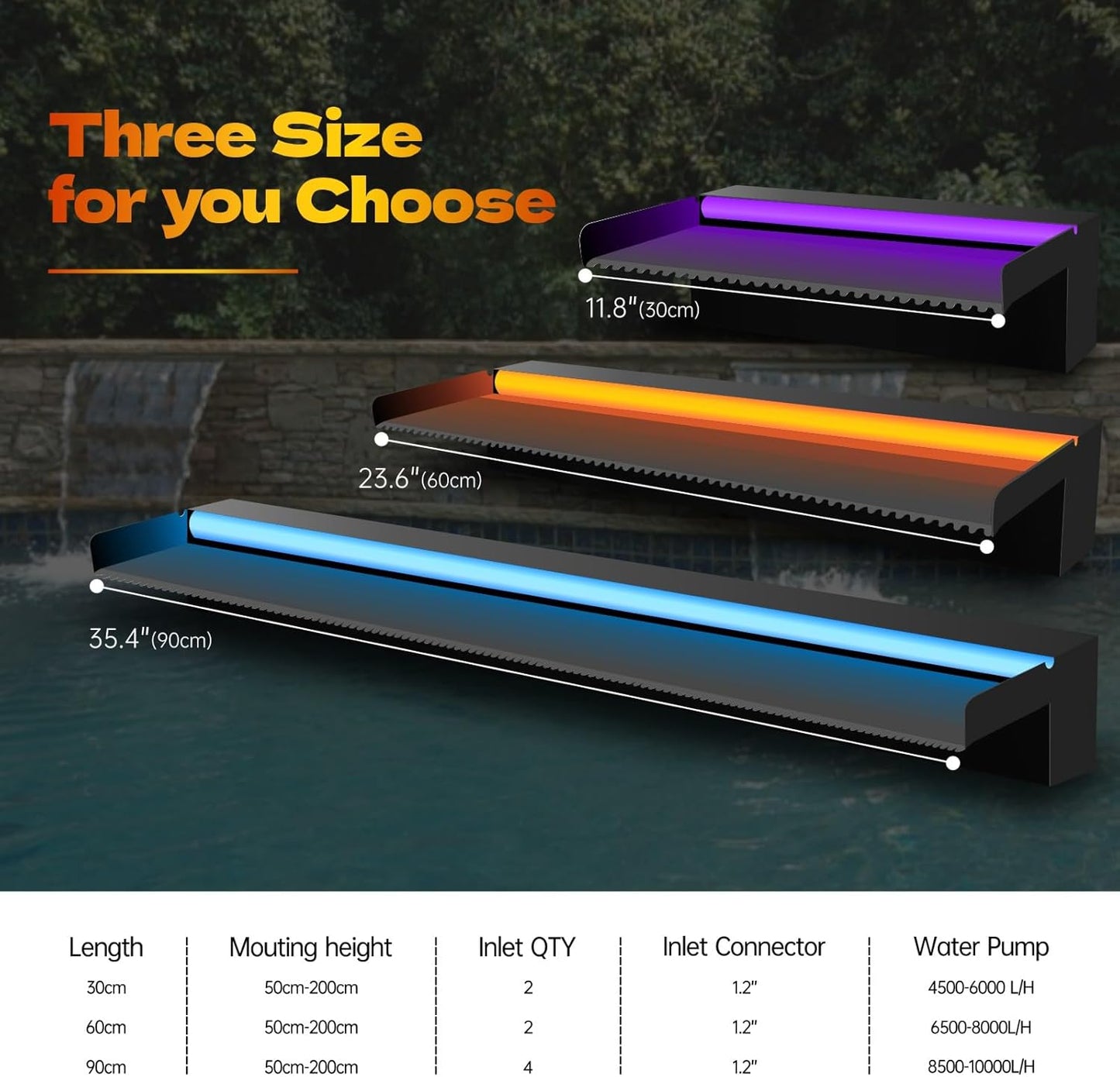 Pool Waterfall Spillway Stainless Steel Pond Fountain, APP Control Colorful LED Lighted Outdoor Black Fountains, Water Flow Spillways Kit for Koi Pond, Swimming Pool, Garden-23.6"x7.8"x3.9"