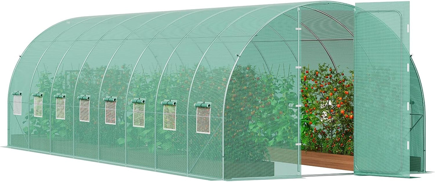 VEVOR Walk-in Tunnel Greenhouse, 27.4x9.5x7.4 ft Hoop House Greenhouse Tunnel, Plant Hot House with Galvanized Steel Frame, Green PE Cover, Swing Door and 16 Roll-up Windows for Outdoor