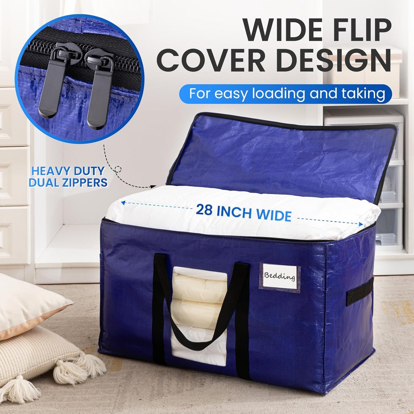 TAILI 4 Pack Dark Blue Extra Large Moving Bags, Heavy Duty Totes with Visible Window, Wrap Around Handles, Great for Storage