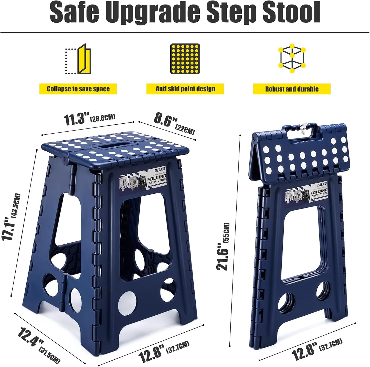 Delxo Folding Step Stool 17.5 Inch,Heavy Duty Step Stools for Adults,Non Slip Folding Stool with Handle,Premium Portable Foldable Step Stool for Kitchen Bathroom Bedroom Up to 400LBS,(Royal Blue,1PC)
