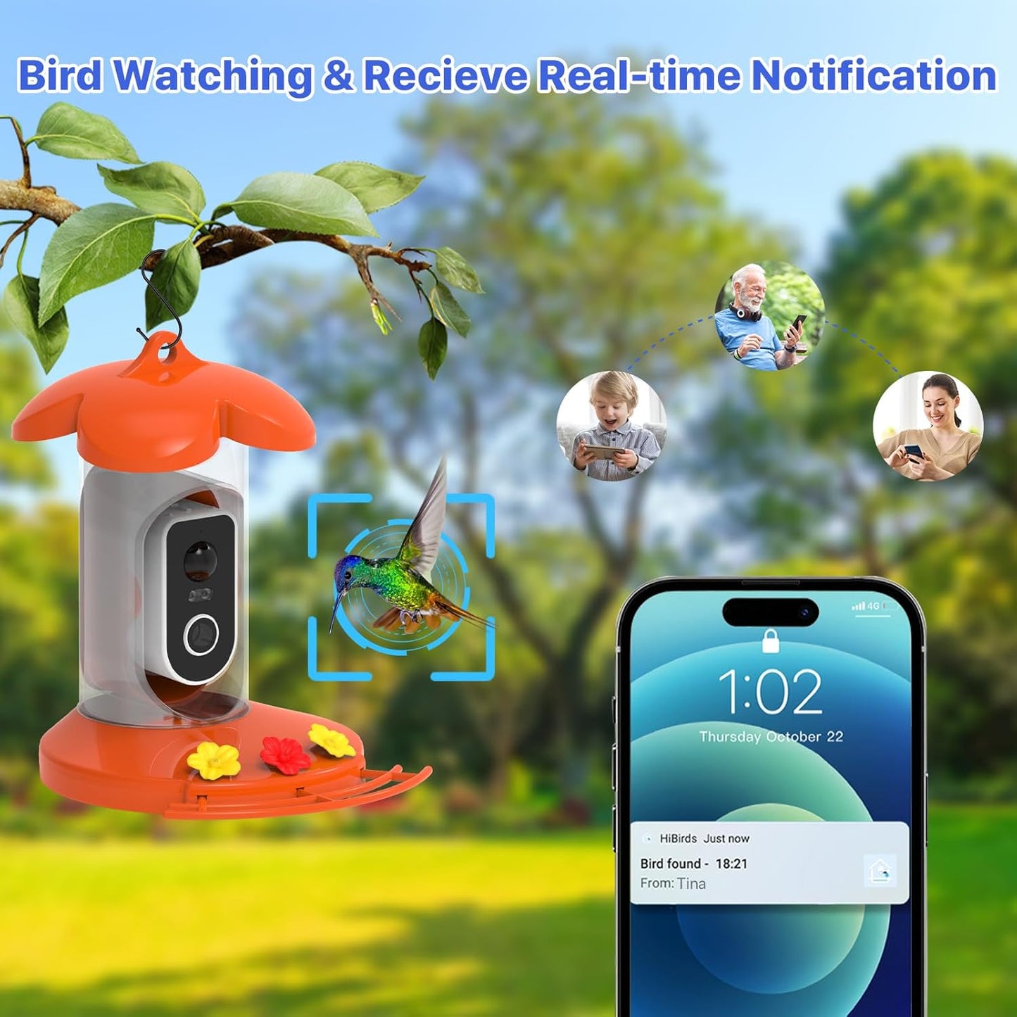 Hummingbird Feeder with Camera for Outdoor - 2K QHD Video, Instant Notifications & AI Bird Species, Ant Moat, Bee Proof, Motion Detection, 2.4G WiFi, Signal Booster, Gift for Bird Lovers OrangeS1