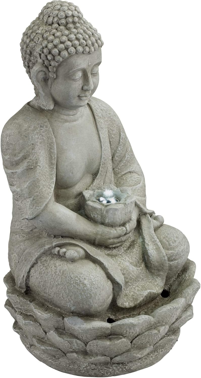 Sitting Buddha 22" High Small Zen Asian Indoor Outdoor Decor Faux Stone Tabletop Fountain with Light LED Water Feature for Outside Garden Patio Yard Desk Backyard Porch Deck - John Timberland