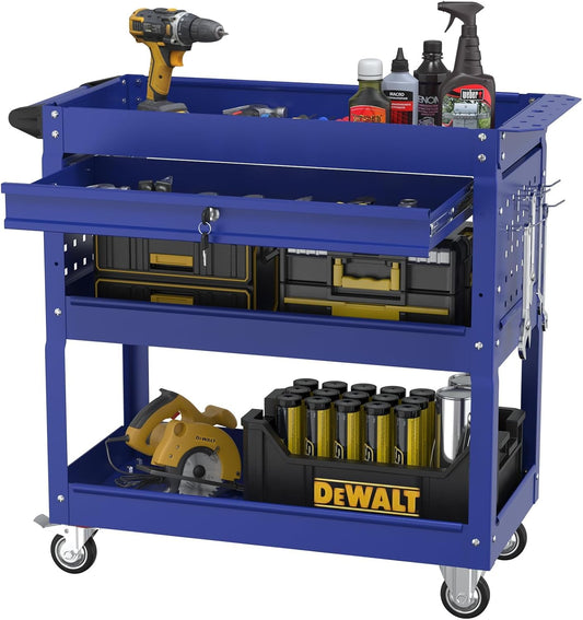 3 Tier Rolling Tool Cart, Heavy Duty Tool Cart on Wheels, Metal Utility Cart with Locked Drawers, Ideal for Garage, Warehouse and Repair Shop (Dark Blue)