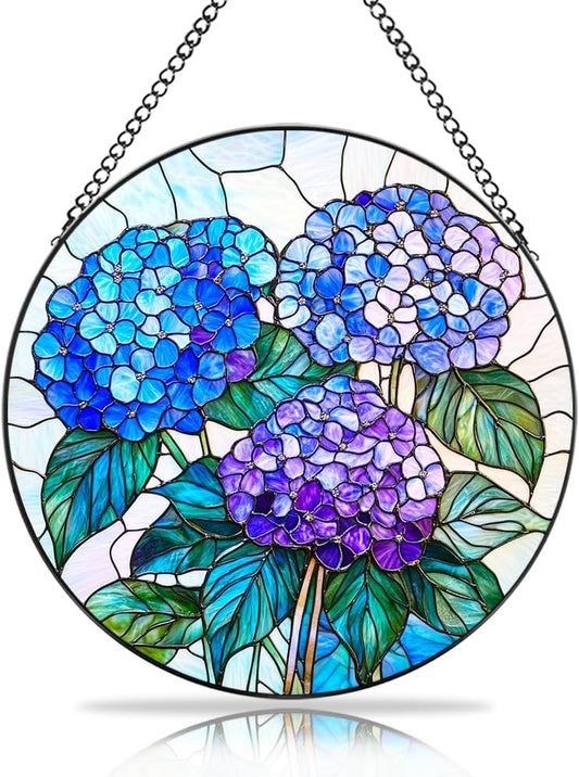 Hydrangea Flower Stained Glass Sun Catcher - Handmade Vibrant Window Hanging Decor with Chain & Hook, Floral Art for Home & Garden, Unique Gift for Women & Plant Lovers (Blue, 14.9*14.9IN)