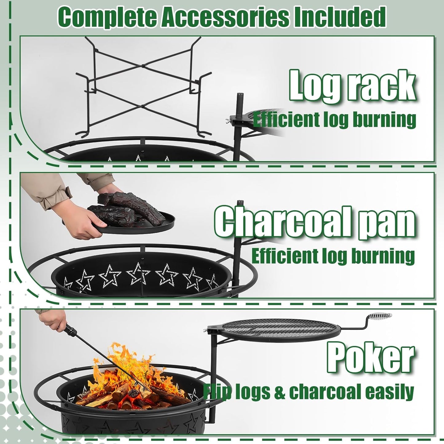 31" 2-in-1 Wood Burning Fire Pit with Swivel BBQ Grills & Spark Screen for Outside - Heavy Duty Outdoor Firepit with Charcoal Pan, Log Rack & Poker - for Backyard, Patio, Garden Bonfire