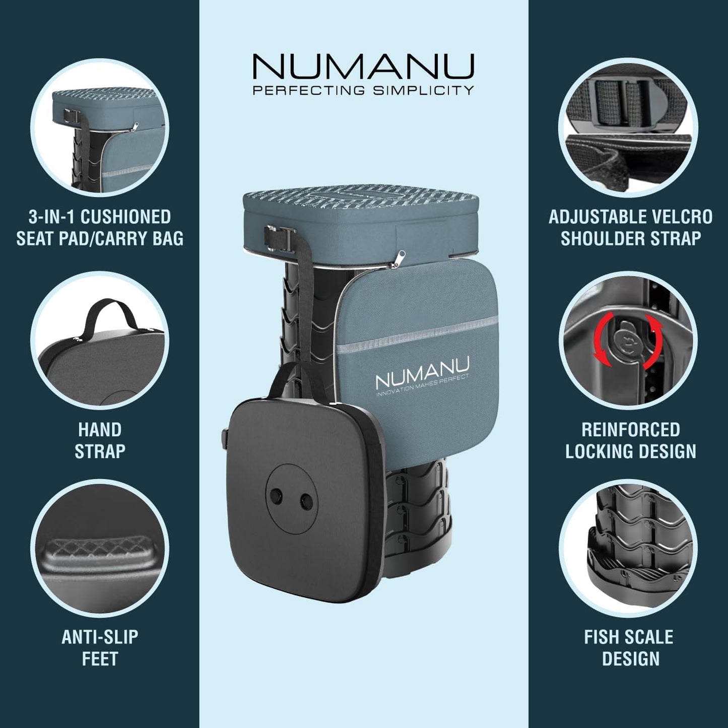 2025 Upgraded Square Collapsible Stool & 3IN1 Cushioned Carry Bag, Adjustable Height Folding Stool, Telescopic Camping Chair Retractable Seat or Footrest for Outdoors & Travel, 18" Max 620lbs