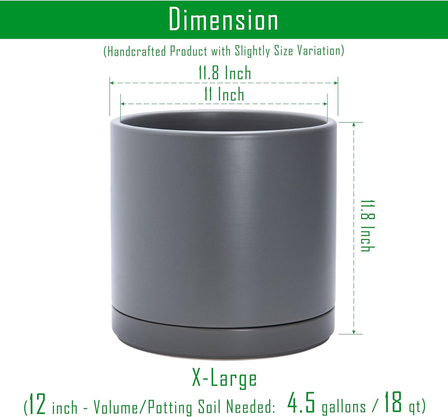 D'vine Dev 12 Inch Ceramic Planter Pot with Drainage Hole and Saucer, Indoor Cylinder Round Planter Pot, Speckled Grey, 94-O-F-3