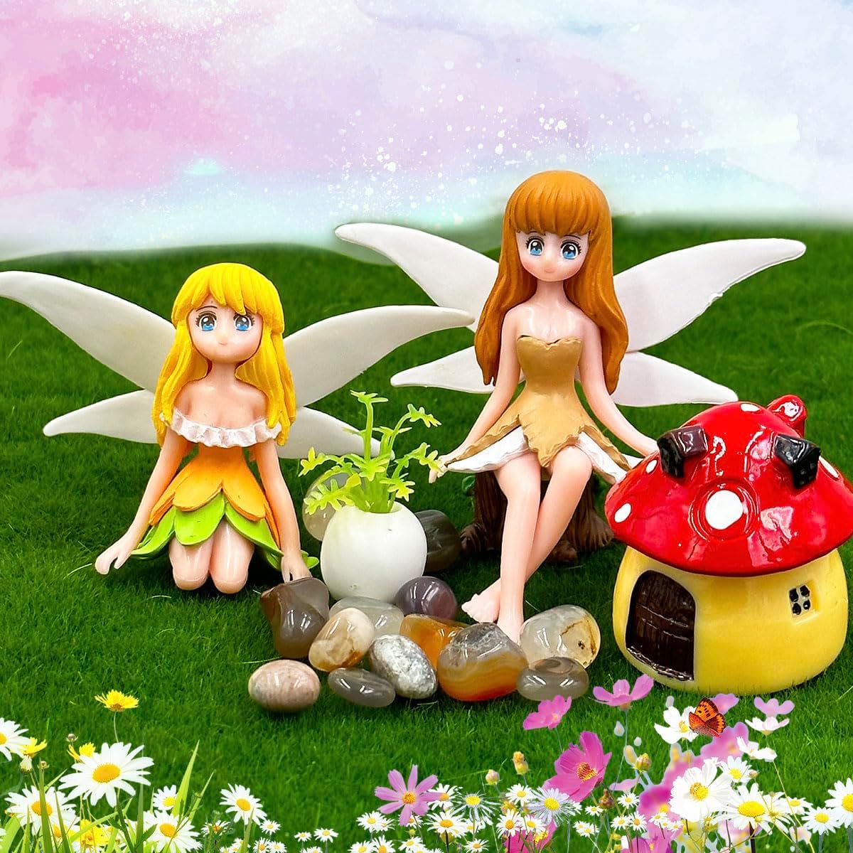 Suartus Miniature Fairy Figurines - 4Pcs Small Flower Fairies Ornaments Resin Mini Fairy Figurines Tiny Elf for DIY Fairy Garden Flower Pot Bonsai Micro Landscapes Craft Decoration Accessories