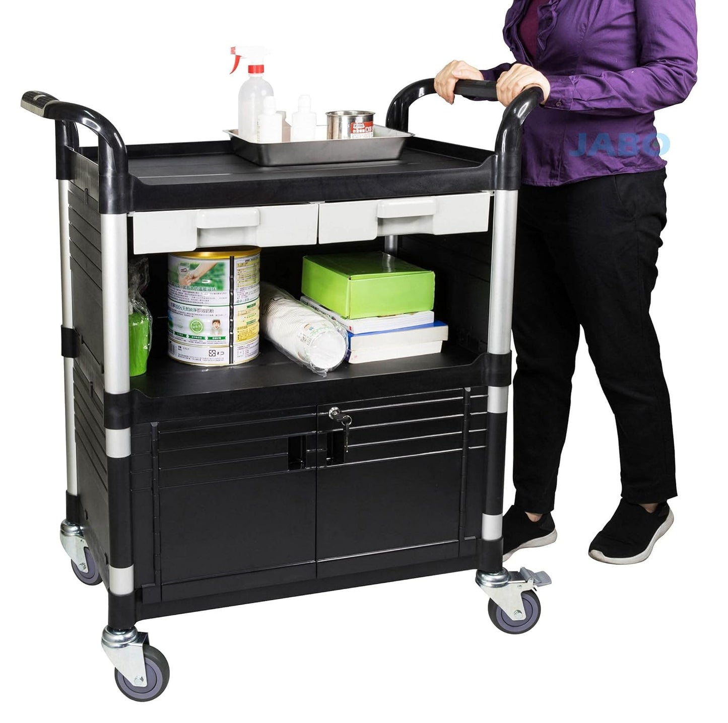 [ JaboEquip] 3 Shelf Durable Utility Cart Lockable Medical Cart Cabinet Hospital Cart Lab Cart, 606 lbs Load for Lab Hospital, JB-3KD1M, Black