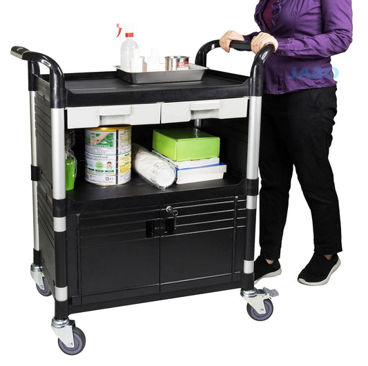[ JaboEquip] 3 Shelf Durable Utility Cart Lockable Medical Cart Cabinet Hospital Cart Lab Cart, 606 lbs Load for Lab Hospital, JB-3KD1M, Black