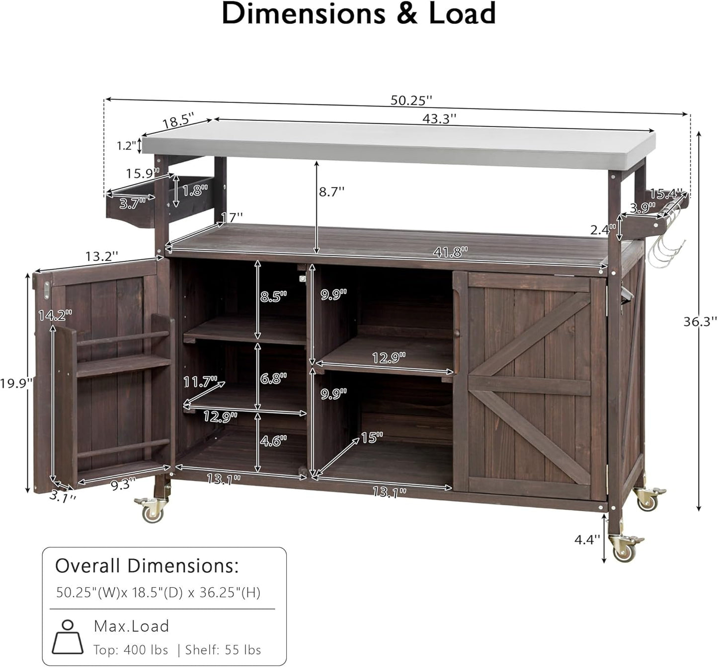 Outdoor Grill Carts for Patio Graden BBQ with Storage Cabinet, Home Rolling Kitchen Island Bar Cart with Stainless Steel Top, Food Prep Table with Shelves, Spice Rack & Towel Holder (Dark Brown)