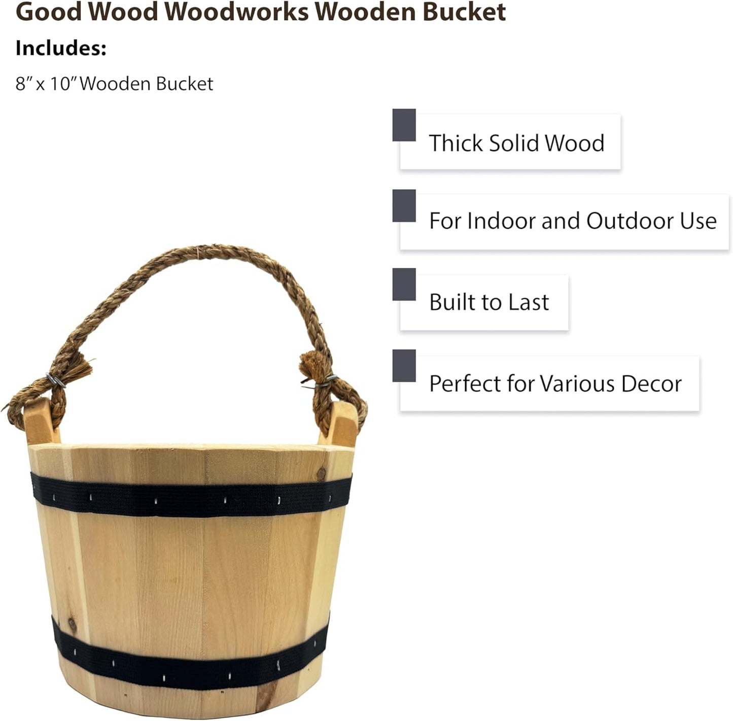 Good Wood - Wooden Bucket 8" x 10" Water Wishing Well Pail with Rope Twine Handle Solid Wood Vintage Style Primitive Planter - Made in The USA