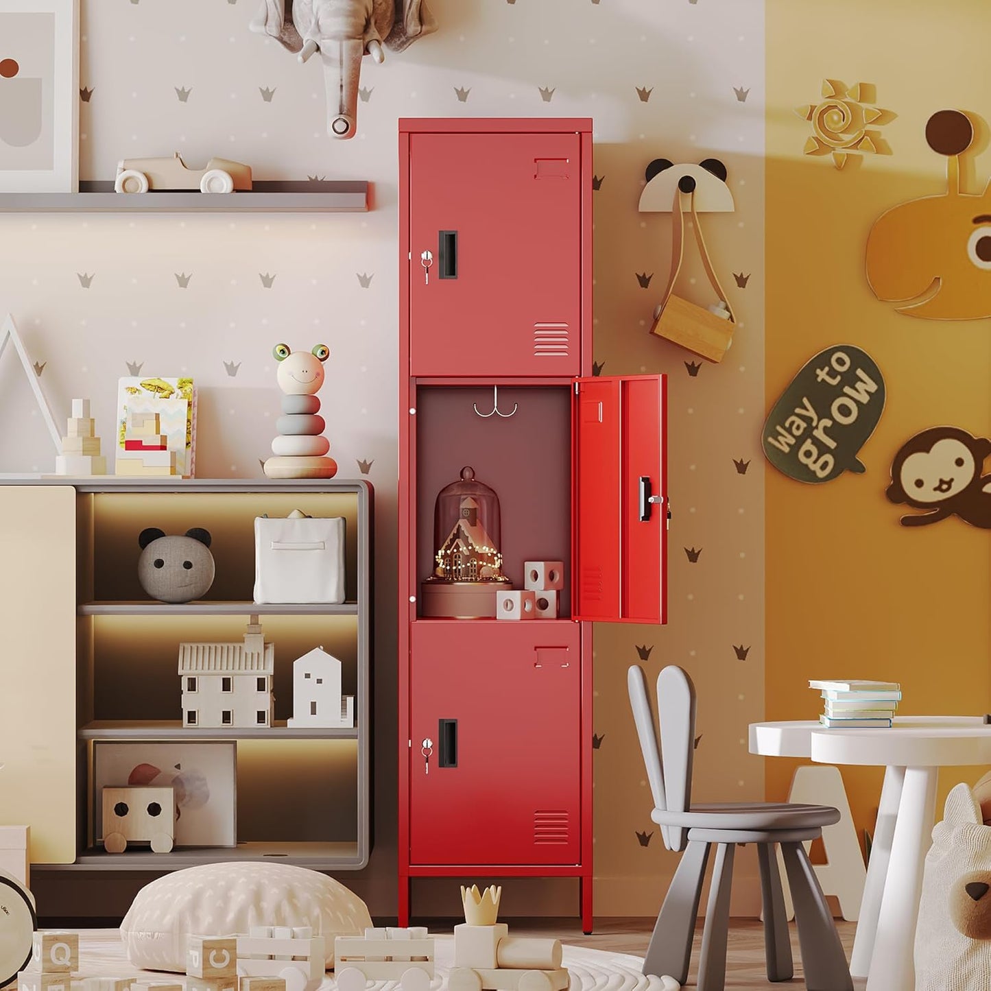 Metal Locker with Hooks and Ventilation Holes,Metal Storage Locker with Keys and Business Card Slot for Home,Gym,Garage,School,Office,66" H x 15.75" W x 15.75" D,Assembly Required,Red