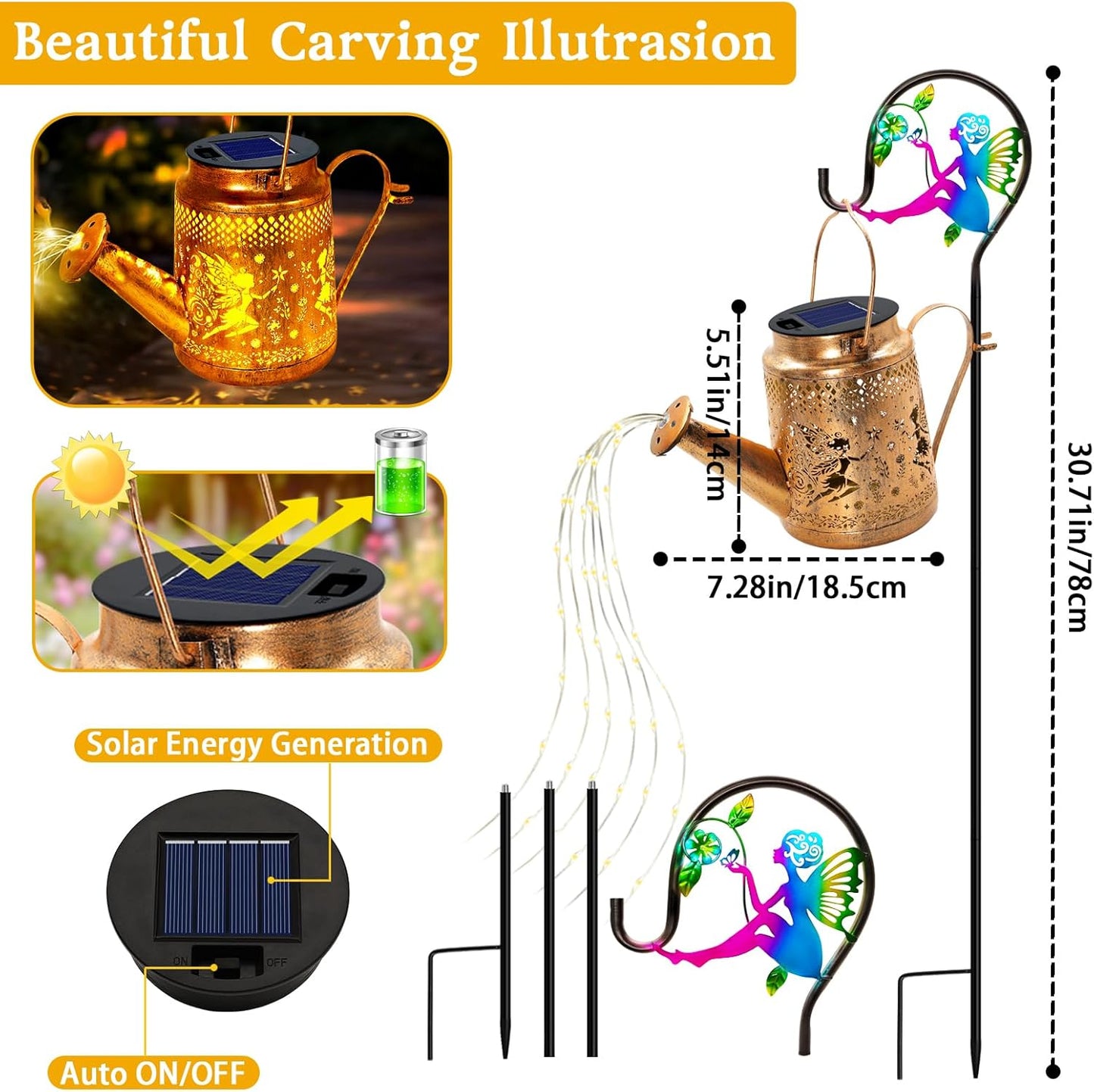 Fariy Solar Lights Outdoor Waterproof, Solar Watering Can Lights with Shepherd Hook, Metal Angel Hanging Lantern Garden Decor Yard Outside Patio Lawn, Gifts for Mom Grandma Women Birthday