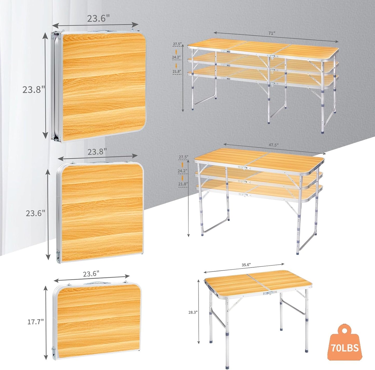 4.0 Ft Folding Portable Camping Table with Three Adjustable Heights, RV Tables for Inside a Camper, Outdoor, BBQ, Dining, Picnic, Beach, Garden, Party, Yellow