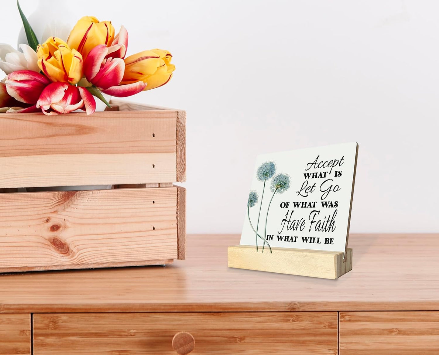 Primitive Wooden Sign, Accept What is Let Go of What Was Have Faith in What Will Be, Desk Plaque with Wooden Stand 4 x 4.3 inches, Inspirational Farmhouse Decor, Home Decor, Mindset Gifts, B