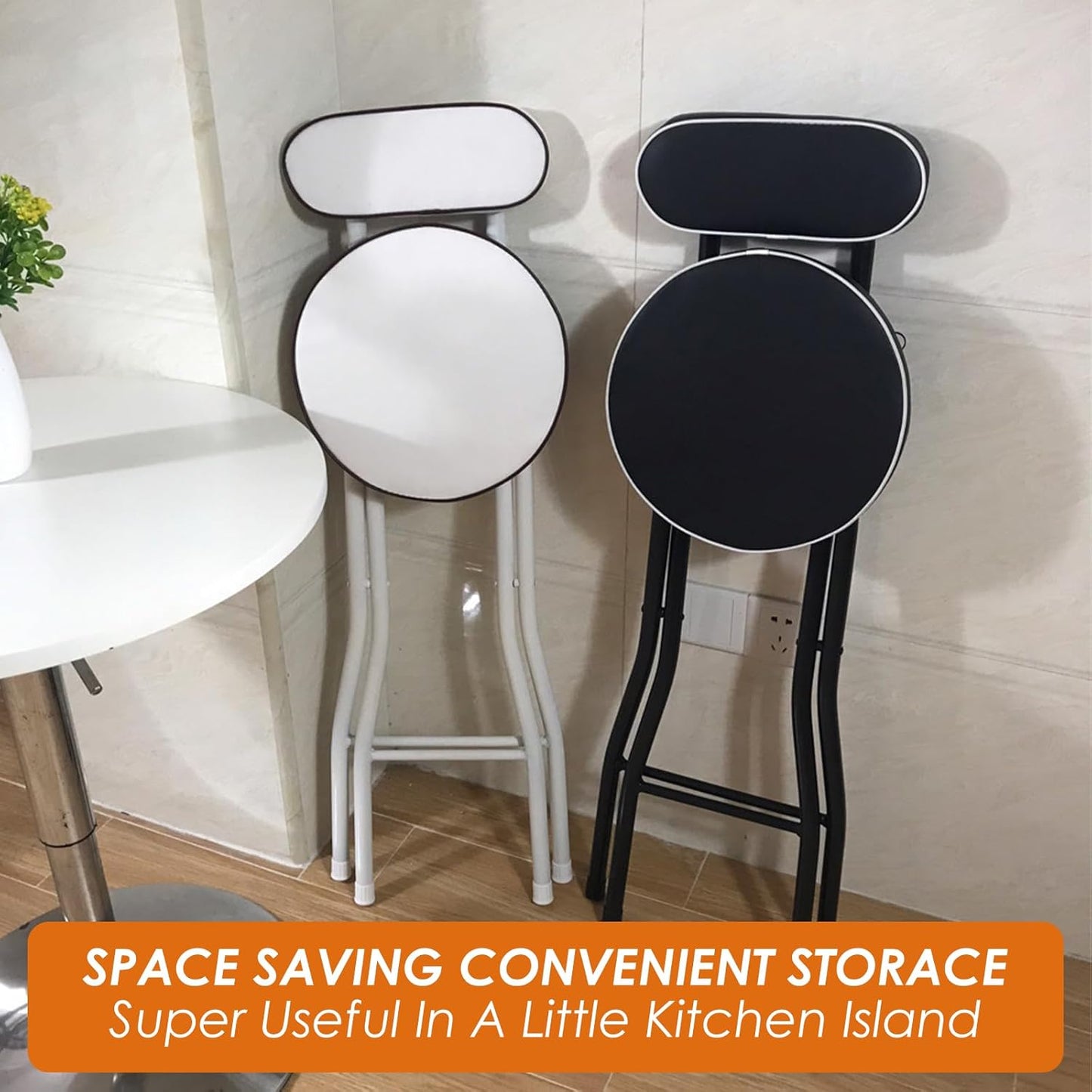 UWEAR Folding Bar Stool with Back,Tall Foldable Stool Leather Padded Portable Stools Counter Height Foldable Stools Chairs,Collapsible Stool for Adults Kitchen Island Guitar Barstools (White)