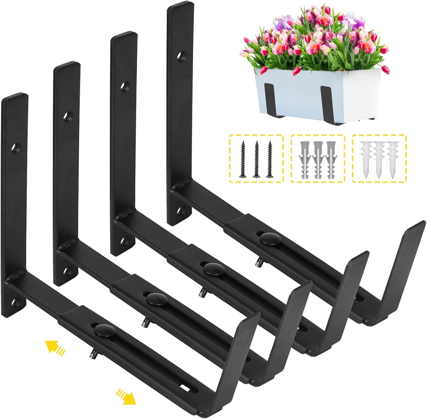 LukLoy Window Box Brackets, 4 Pack Adjustable Heavy Duty Wall Mount Flower Box Holder (6 to 12 in), with 70lbs Capacity, Black