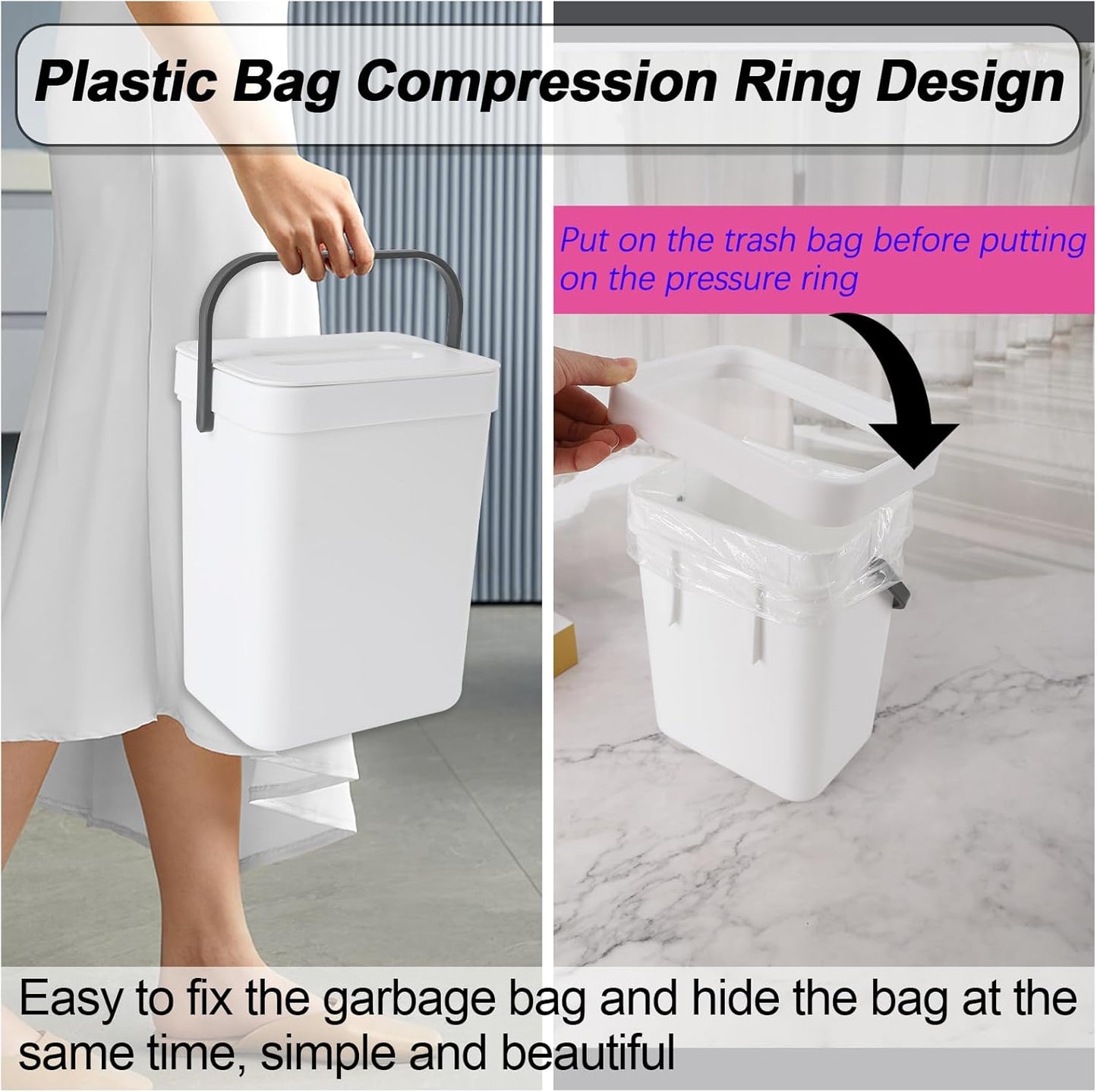 Compost Bin Kitchen, for use on Countertops or Under Sinks, Hanging Trash Can with Lid, for Cupboard/Bathroom/Bedroom/Office/Camping, Mountable Indoor Compost Bucket(White 0.8 Gallon/3L)