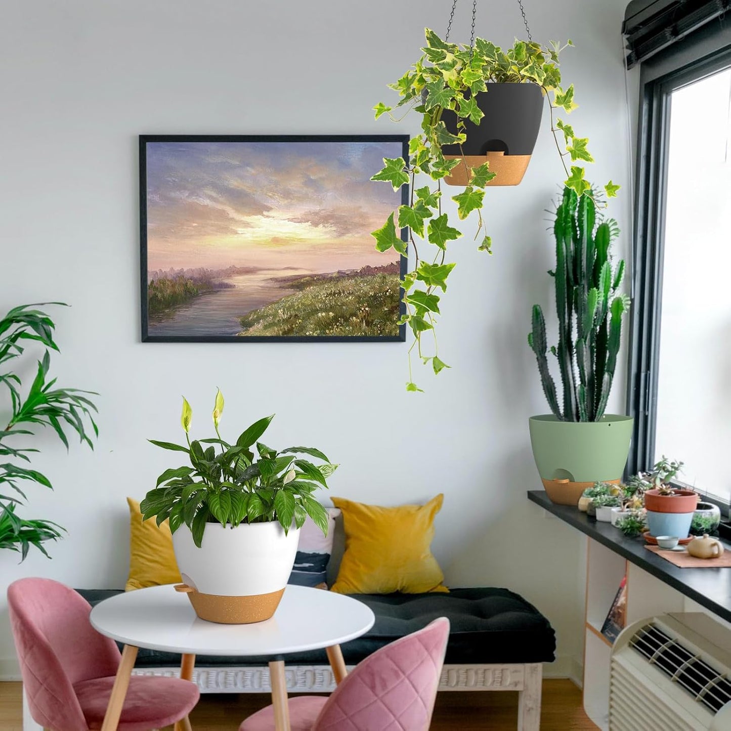 ZMTECH 12 Inch Hanging Planters for Indoor Outdoor Plants, 1 Pack Self Watering Hanging Plant Pots with Drainage Holes and Removable Saucer, Plastic Flower Hanging Pots with Watering Lip (Green)