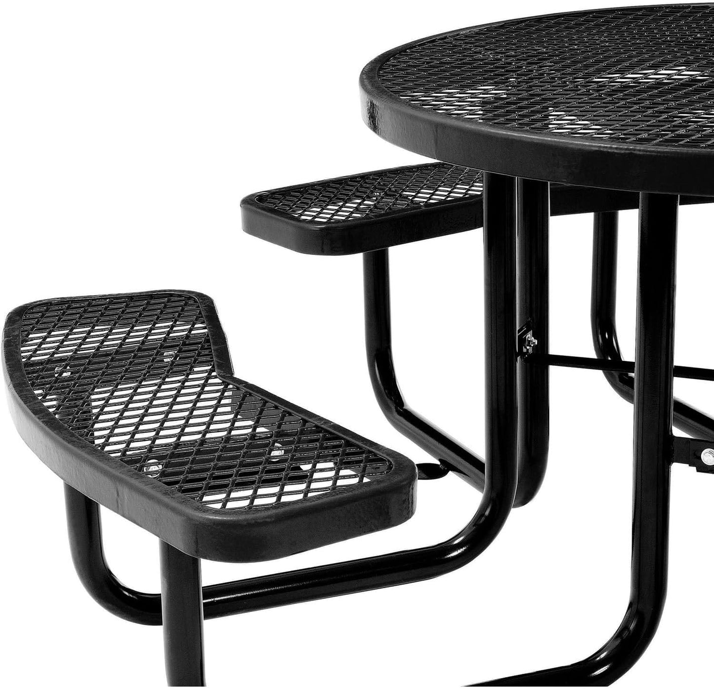 Global Industrial 46" Round Picnic Table, Expanded Metal, Black Thermoplastic Coating, Attached Benches, 1-1/2” Umbrella Pole Hole, Outdoor-Rated, 1000 lb Capacity