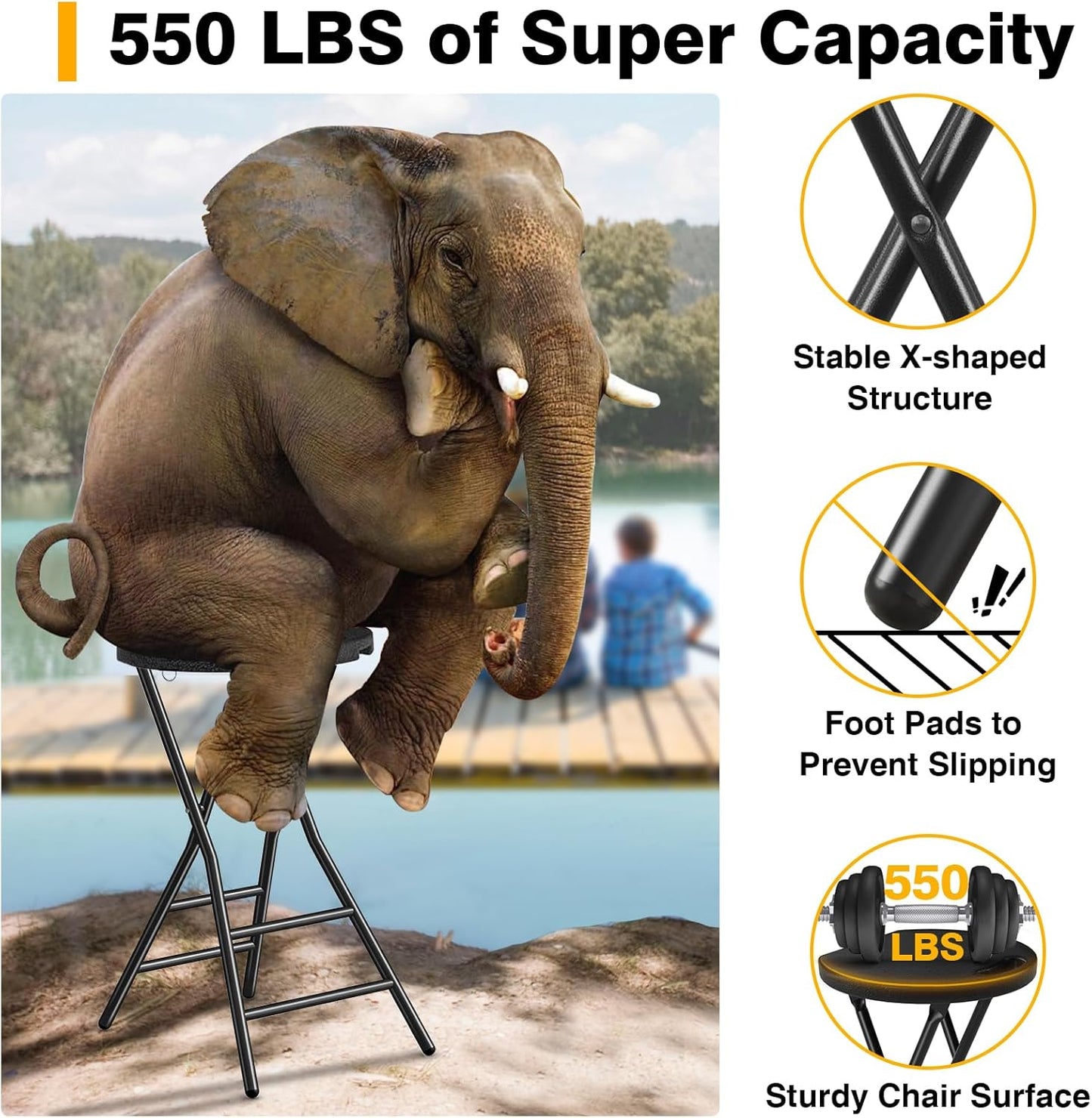 TAVR Furniture Portable Folding Chair with Handle, Heavy Duty Round Fold Stool Chair with 550lbs Capacity for Adults, 24 Inch Foldable Stool for Dorm, Kitchen, Vanity, Church and Outdoor use