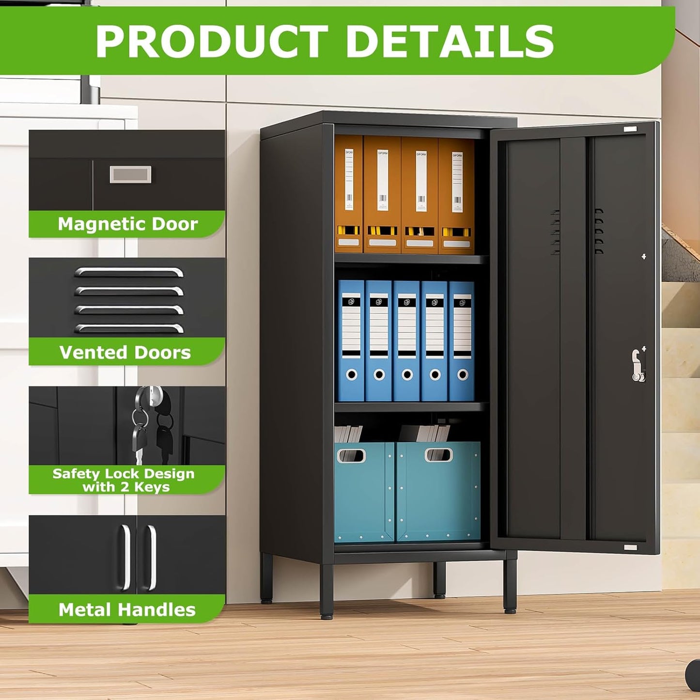 35" Metal Storage Locker, Lockable Employees Metal Locker with Door and Adjustable Shelves, Steel Locker for Home, School, Office, Gym (Black)