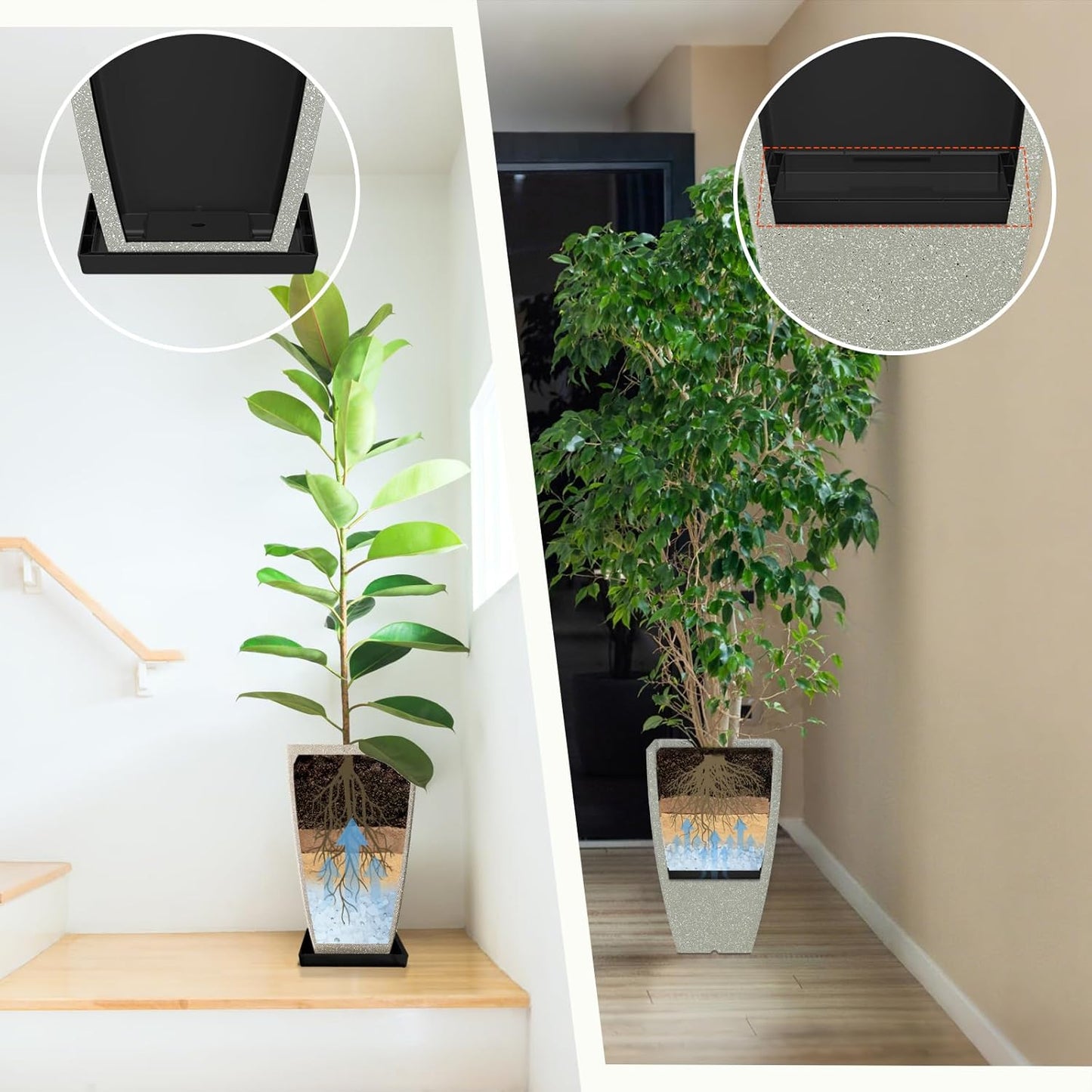 Set of 2 Large Tall 21 Inch Planter Pots Indoor/Outdoor-Matte Grey Square Flower Planters with Tray for Patio, Front Door, Deck | Weather-Resistant & Lightweight Plastic (Grey)