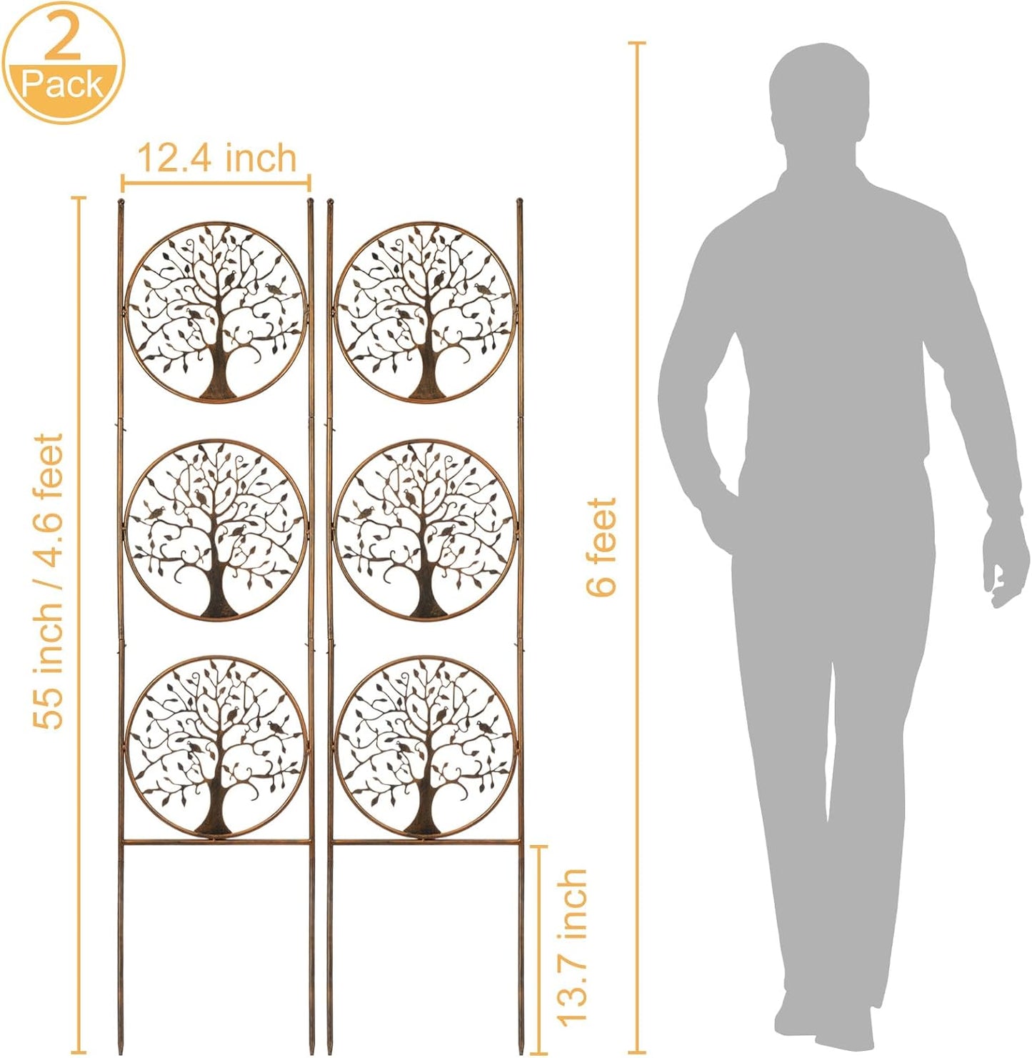 SUNNYPARK Set of 2 Tree in Life Metal Garden Trellis for Climbing Plants, Decorative Vegetables Flowers Vine Trellis for Outdoor Patio 55'' H x 12.4'' W