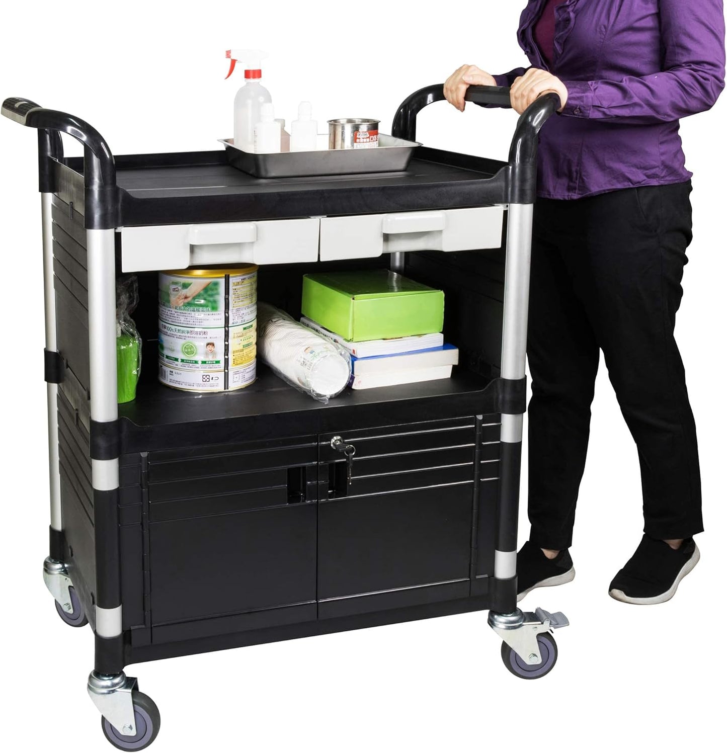 JaboEquip 3 Tier Heavy Duty Utility Cart, Lockable Medical Cart, 606 lbs Load for Lab, Hospital, Office, JB-3KD1, Black