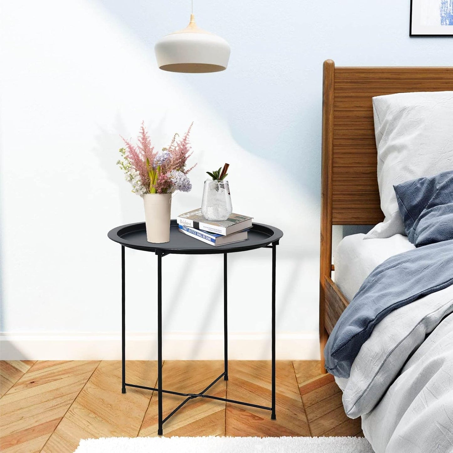 Garden 4 you End Table Metal Side Table Black Round Folding Tray Cyan Sofa Small Accent Fold-able Table, Round End Table Tray, Next to Sofa Table, Snack Table for Living Room and Bed Room
