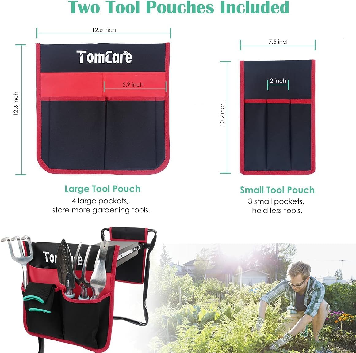 TomCare Garden Kneeler Seat Garden Bench Garden Stools Foldable Stool with Tool Bag Pouch EVA Foam Pad Outdoor Portable Kneeler Christmas Gardening Gifts for Women Men,Large 21.65"x10.62"x18.89",Black