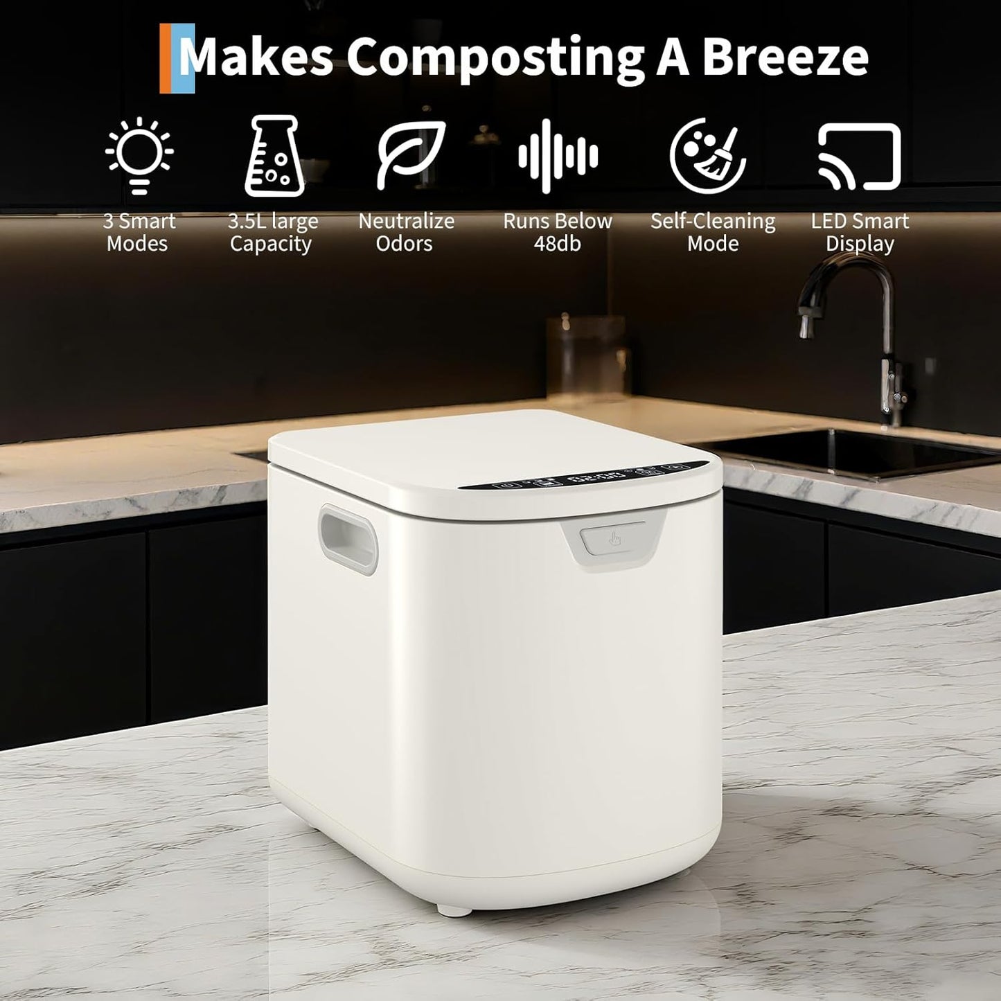 3.5L Electric Composter Countertop, 3 Modes Kitchen Smart Compost Bin with Auto Cleaning, LED Display, Turns Kitchen Waste Into Dry Manure, Low Noise Food Waste Compost Machine