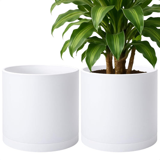 D'vine Dev 2 Pack 14 Inch Modern Plastic Plant Pots, Small Garden Planters for Plant with Drainage Holes and Saucers, White Color, 74-Z-Q-1