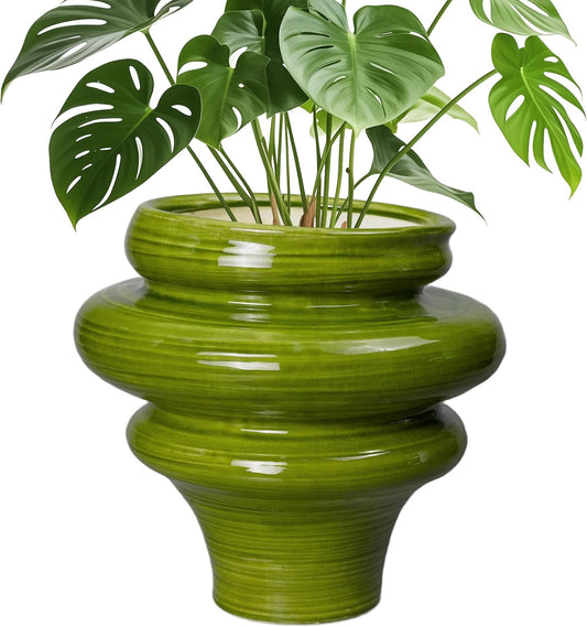 Ceramic Pot for Plants 11 Inch - Plant Pot for Indoor Outdoor, Decorative Bonsai Planter with Drainage Hole, Flower Pots for Office, Gift for Men Women, Green