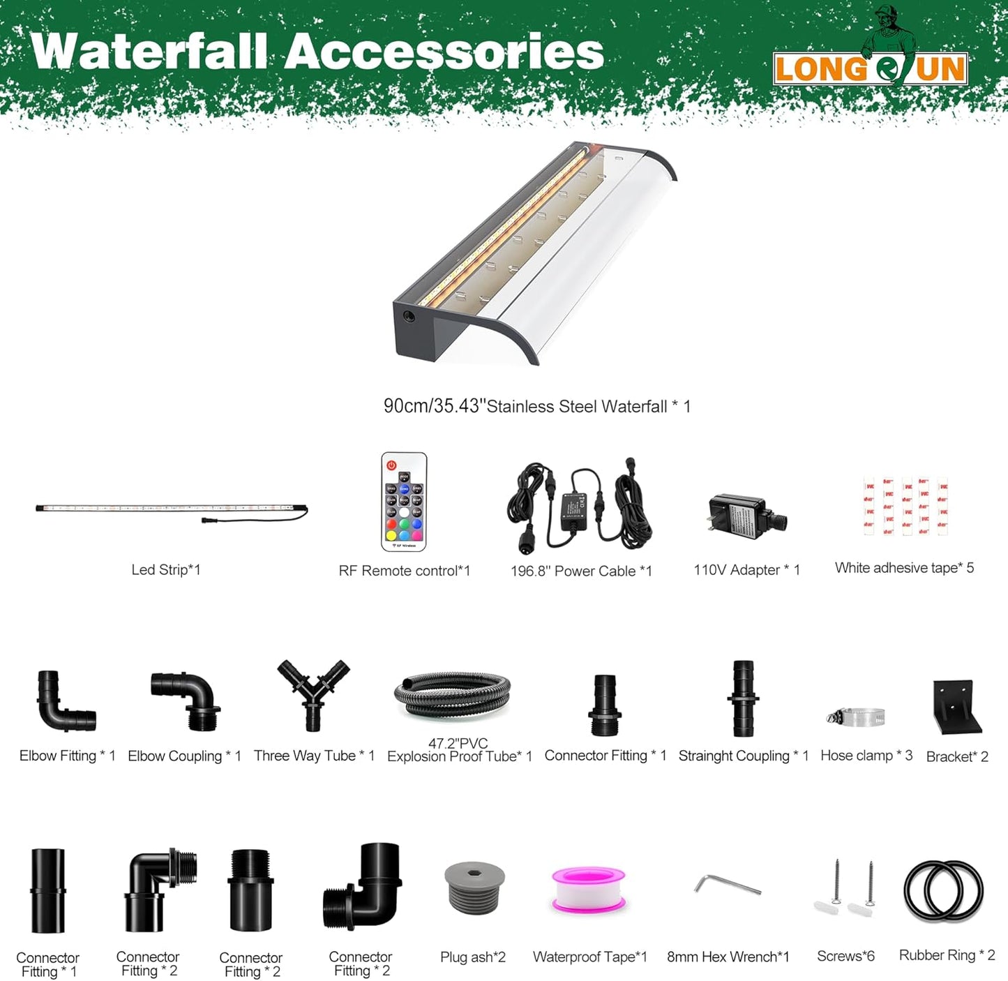 Pool Fountain, LONGRUN Waterfall Spillway for Koi Ponds - 35.4" Transparent Acrylic Waterfall for Swimming Pool, Garden Pond, Patios, Spa Decoration