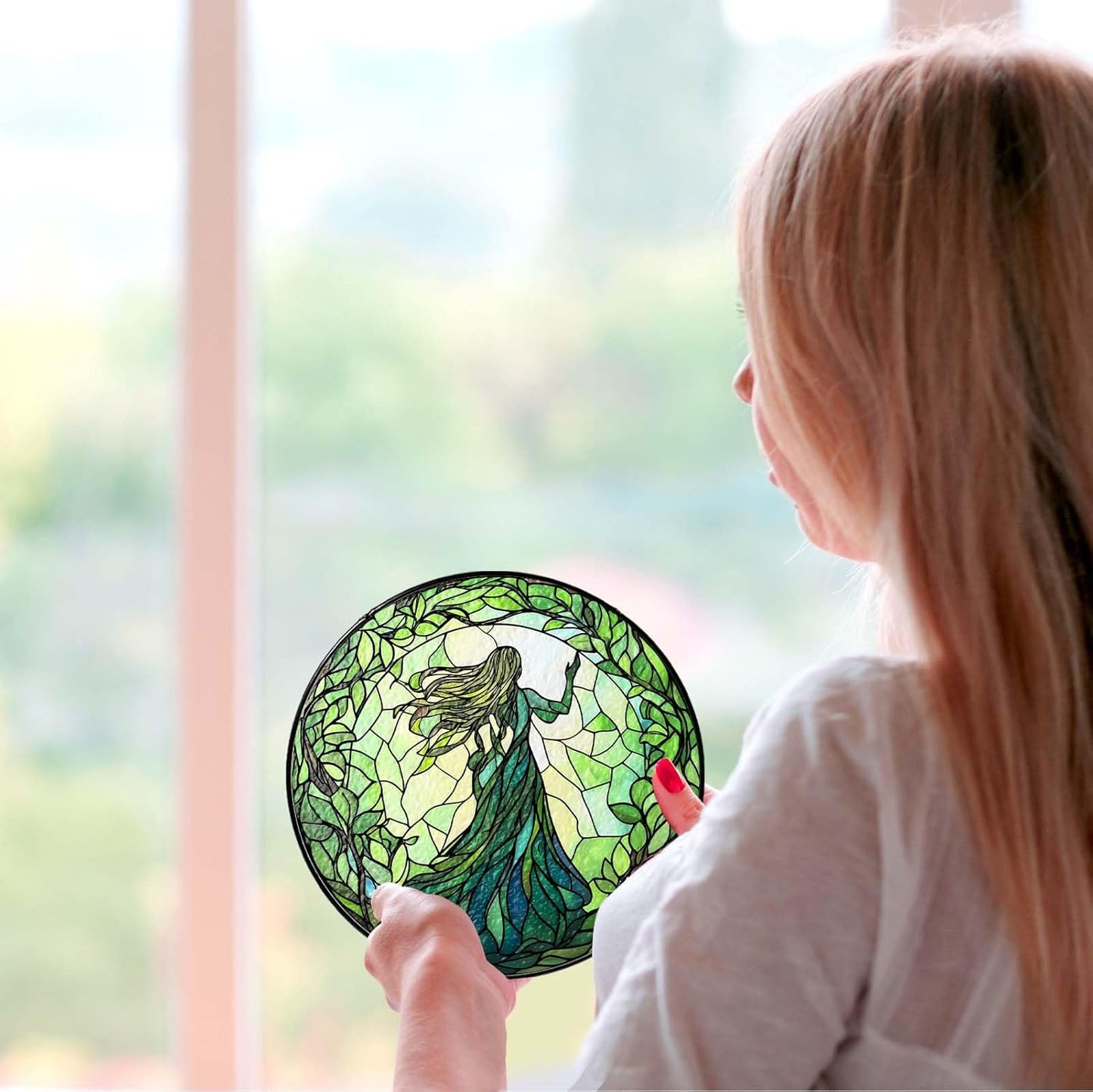 Green Witch Suncatcher Plant Witch Stained Glass Window Hanging Plant Lover Gifts for Women Wall Decor Handmade Sun Catcher Decoration for Garden Home Housewarming Gifts