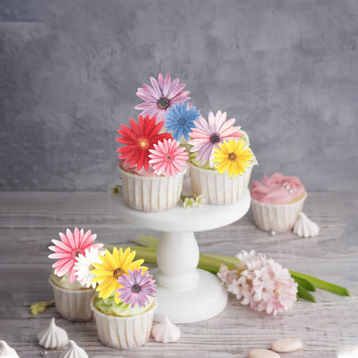 65 PCS Edible Daisy Cupcake Toppers Wafer Paper Flower Birthday Party Decorations Edible Sunflower Cupcake Picks for Baby Shower Wedding Birthday Party Cake Food Decorations Supplies Colorful