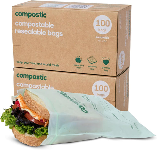 Home Compostable Resealable Sandwich Bags (7"x7"), Microwave & Freezer Safe, Organic Food Storage Container, 100 Count (Pack of 2)