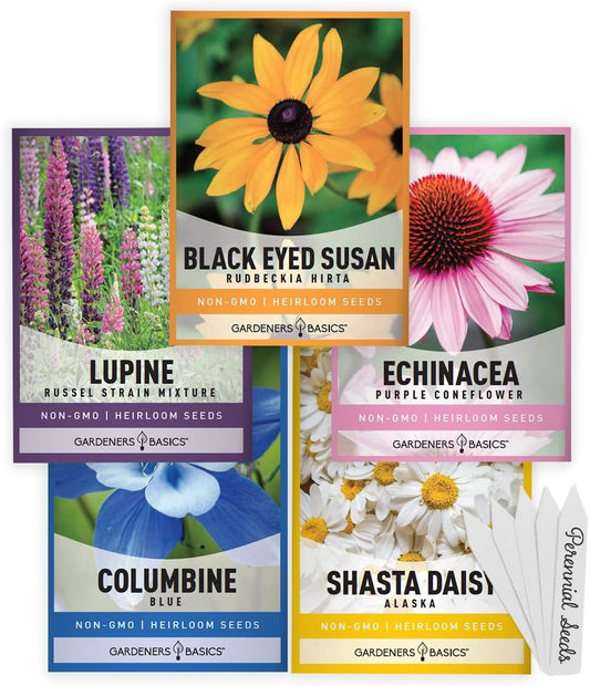 Gardeners Basics, Perennial Flower Seeds for Planting Outdoors (5 Variety Pack) Lupine, Columbine, Echinacea Purple Coneflower, Black Eyed Susan, Shasta Daisy for Pollinators Wildflower Seed