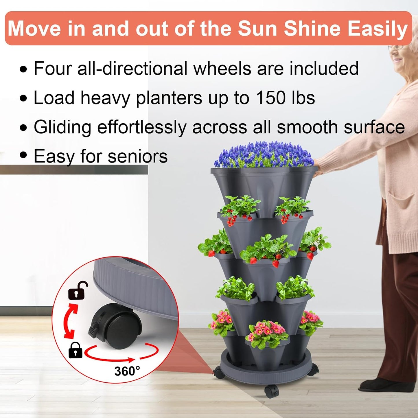 DUNCHATY Stackable Planter, Vertical Garden Planter with Wheels and Tools, Self Watering Strawberry Indoor/Outdoor 5 Tier Tower Herb for Growing Vegetables Succulents, Dark Gray