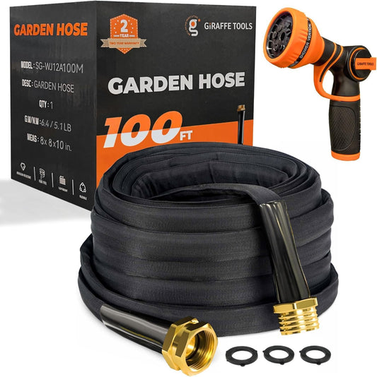Giraffe Tools Garden Hose 100FT Lightweight Lay Flat Water Hose Kink Free Flexible Hose with 9 Spray Function Nozzle（Black）