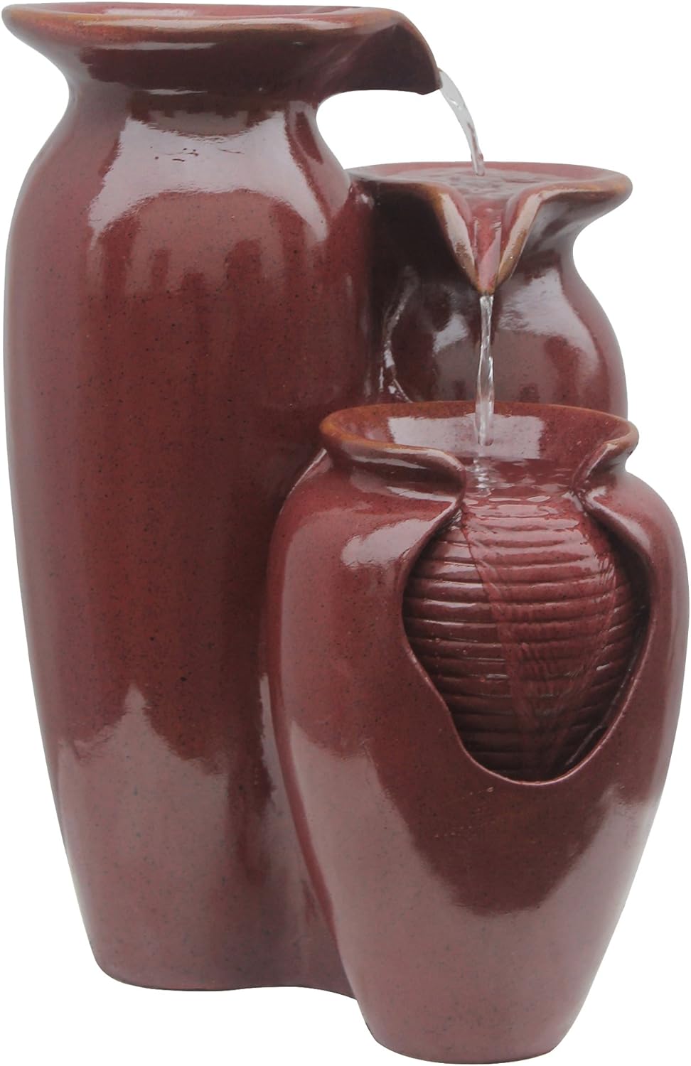 Teamson Home Jar 3 Tiered Floor Waterfall Fountain with Pump for Outdoor Patio Garden Backyard Decking, 20 Inch Height, Brown